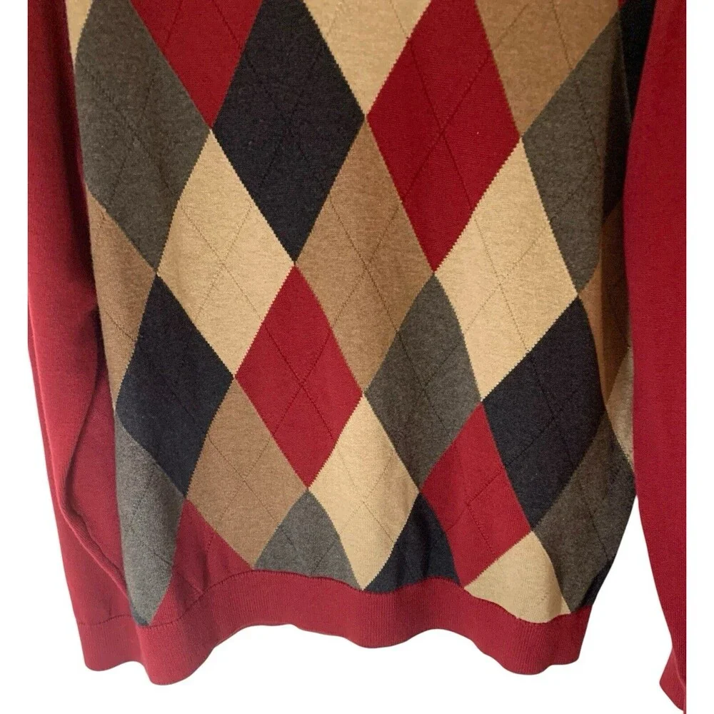 Mens Roundtree & Yorke Maroon Argyle V-neck Cotton Sweater Sz Large Pullover